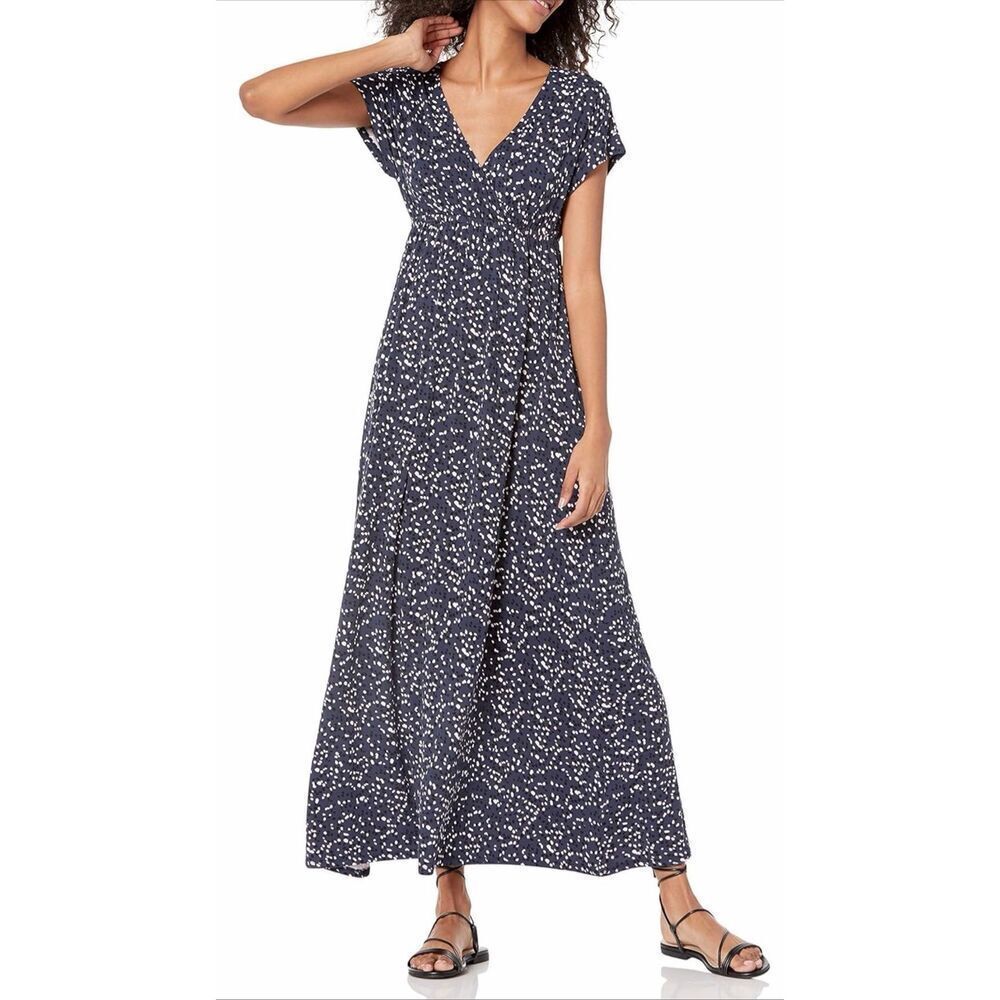 Amazon Essentials Women's Waisted Maxi Dress - Navy Speckled Dot Size Large